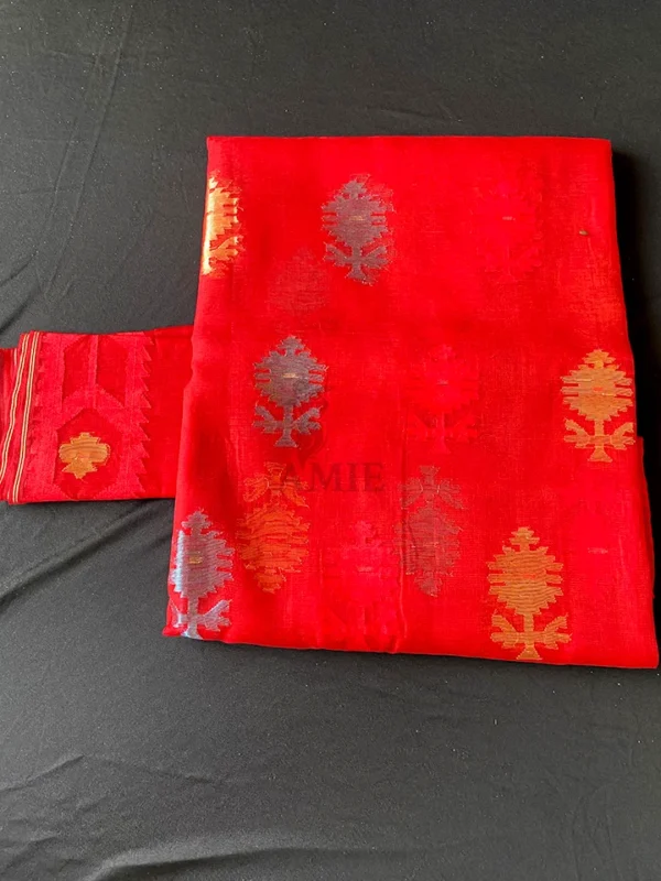 Cherry Red Handcrafted Jamdani Saree - 80 Count Half-Silk