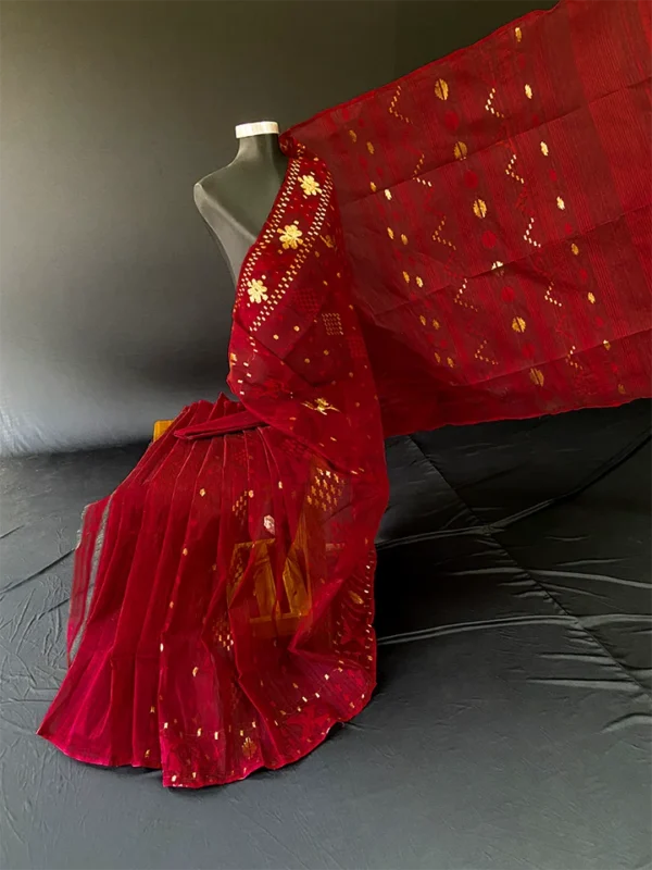 Wine Jamdani Saree with Golden Design - Handwoven 80 Count