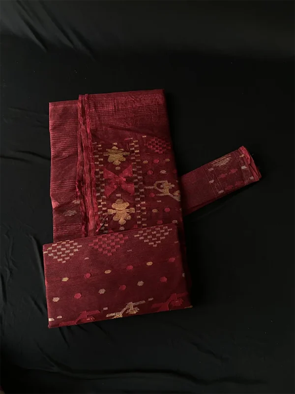 Wine Jamdani Saree with Golden Design - Handwoven 80 Count