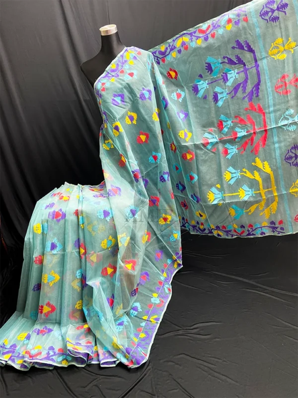 Handcrafted Aqua Half-Silk Jamdani Saree