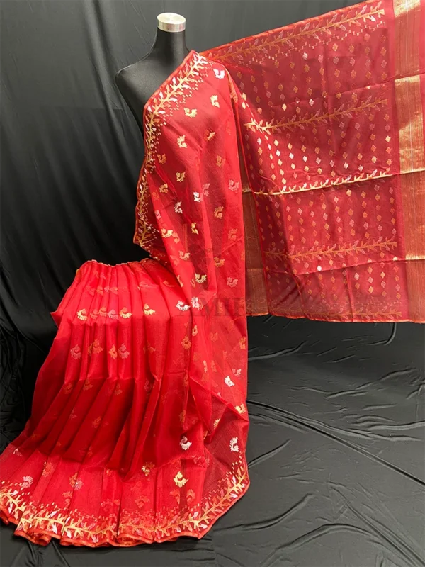 Cherry Half-Silk Jamdani Saree: Handcrafted 80-Count Half-Silk