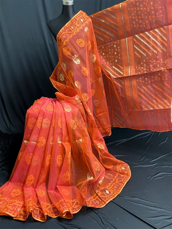 Marmalade Orange Jamdani Saree: Handcrafted 80-Count Half-Silk