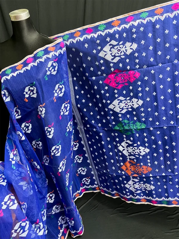 Royal Blue Jamdani Saree: Handcrafted 84-Count Half-Silk