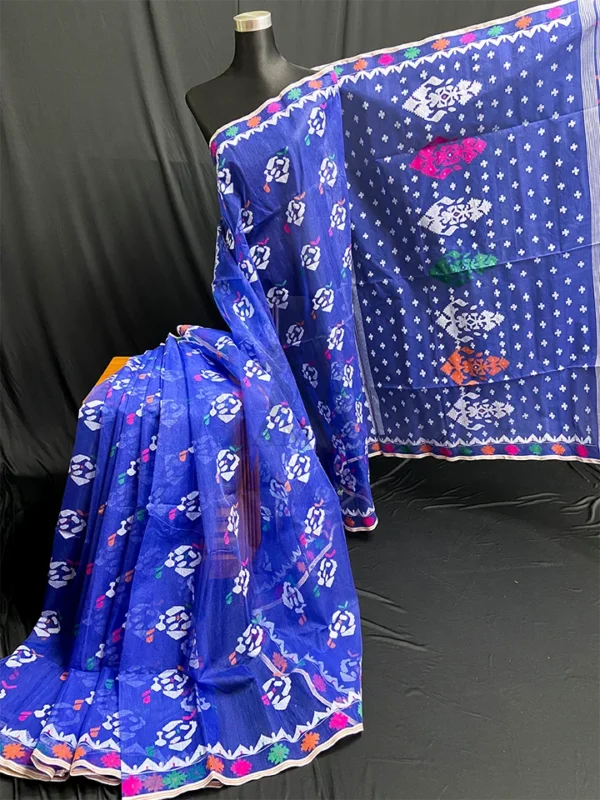 Royal Blue Jamdani Saree: Handcrafted 84-Count Half-Silk