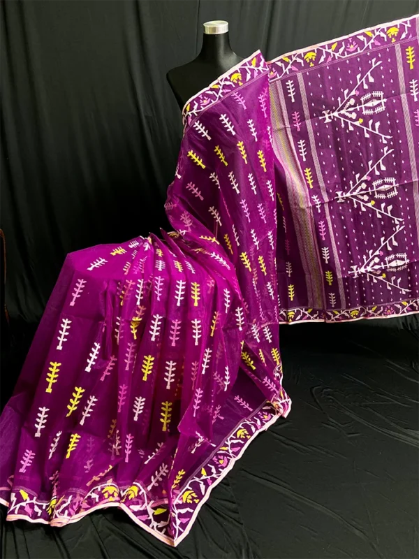 Midnight Purple Jamdani Saree: Handcrafted 84 Count Half-Silk