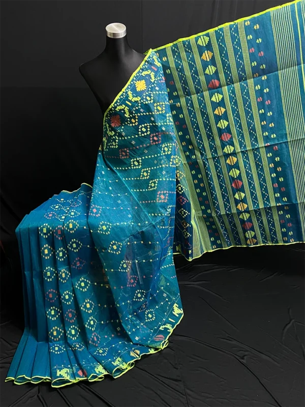 Sea Green Half-Silk Jamdani Saree: Handwoven 80 Count