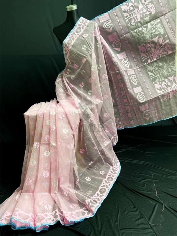 Baby Pink Half-Silk Jamdani Saree: Handwoven 84 Count