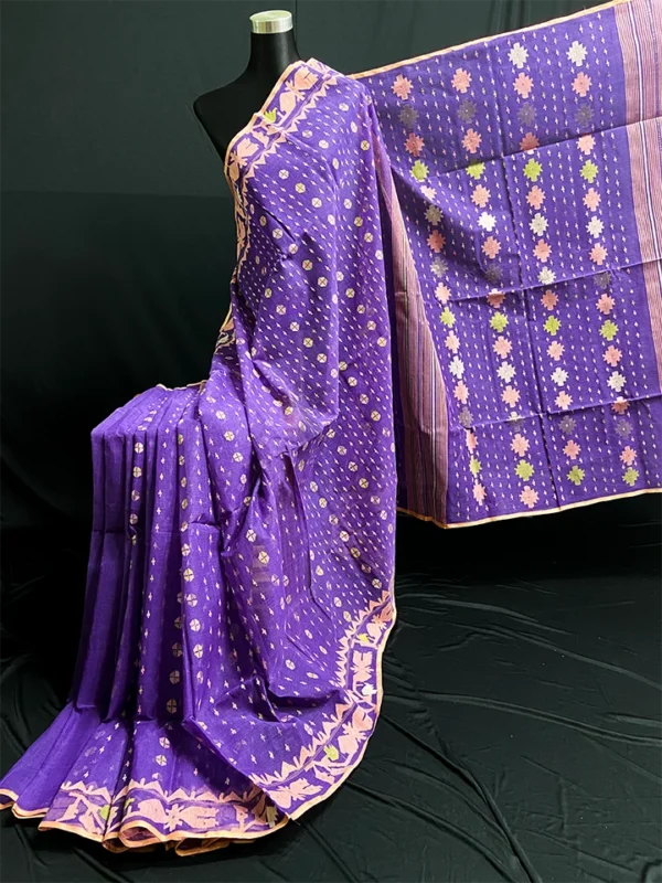 Violet Half-Silk Jamdani Saree: Handcrafted 80 CountViolet Half-Silk Jamdani Saree: Handcrafted 80 Count