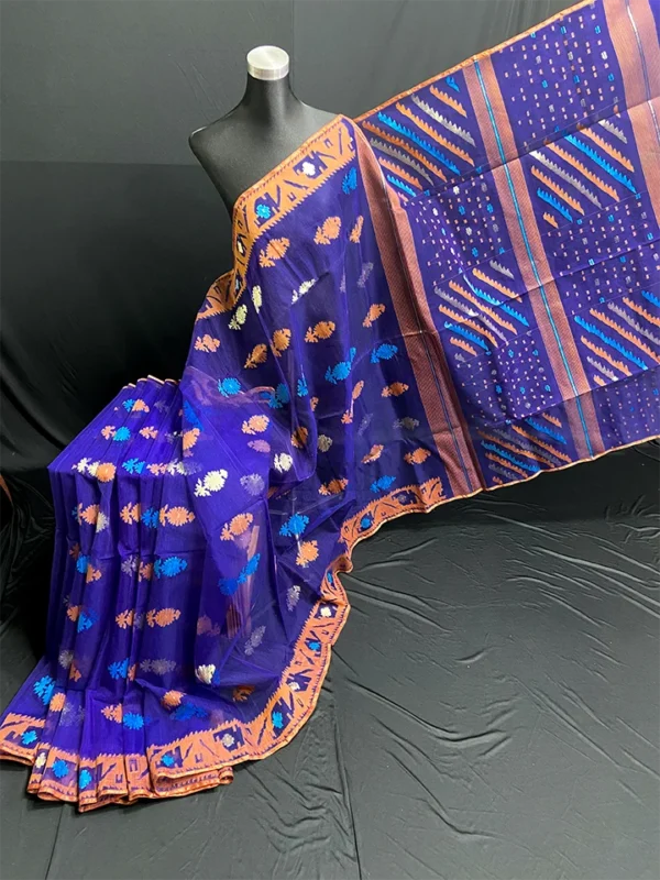 Royal Blue Half-Silk Jamdani Saree: Handwoven 80-Count