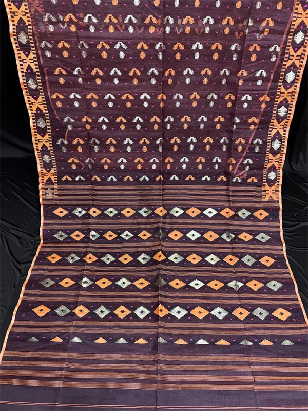 Cinnamon Brown Half-Silk Jamdani Saree: Handwoven 80 Count