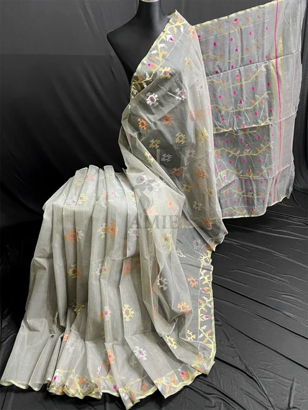 Slate Gray Jamdani Saree: Handcrafted 84 Count Half-Silk 