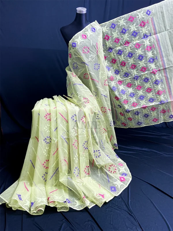 Lime Green Half-Silk Jamdani Saree: Handcrafted 80 Count