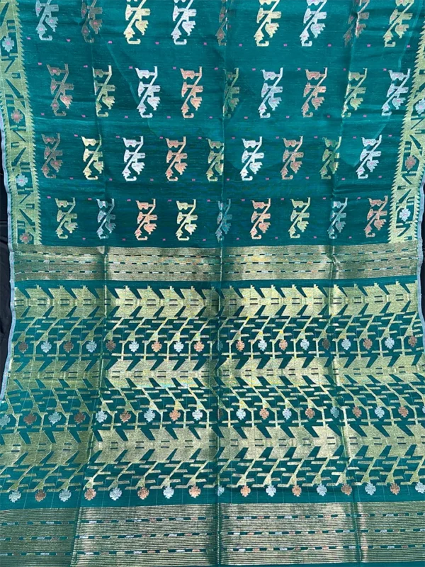 Sea Green Half-Silk Jamdani Saree: Handwoven 80 Count