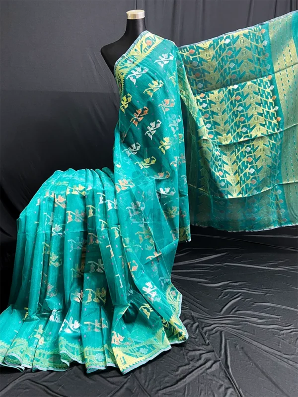 Sea Green Half-Silk Jamdani Saree: Handwoven 80 Count