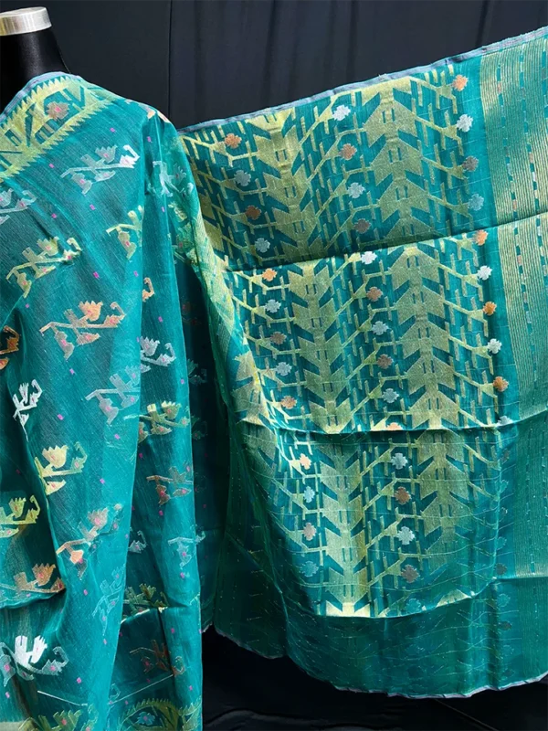 Sea Green Half-Silk Jamdani Saree: Handwoven 80 Count